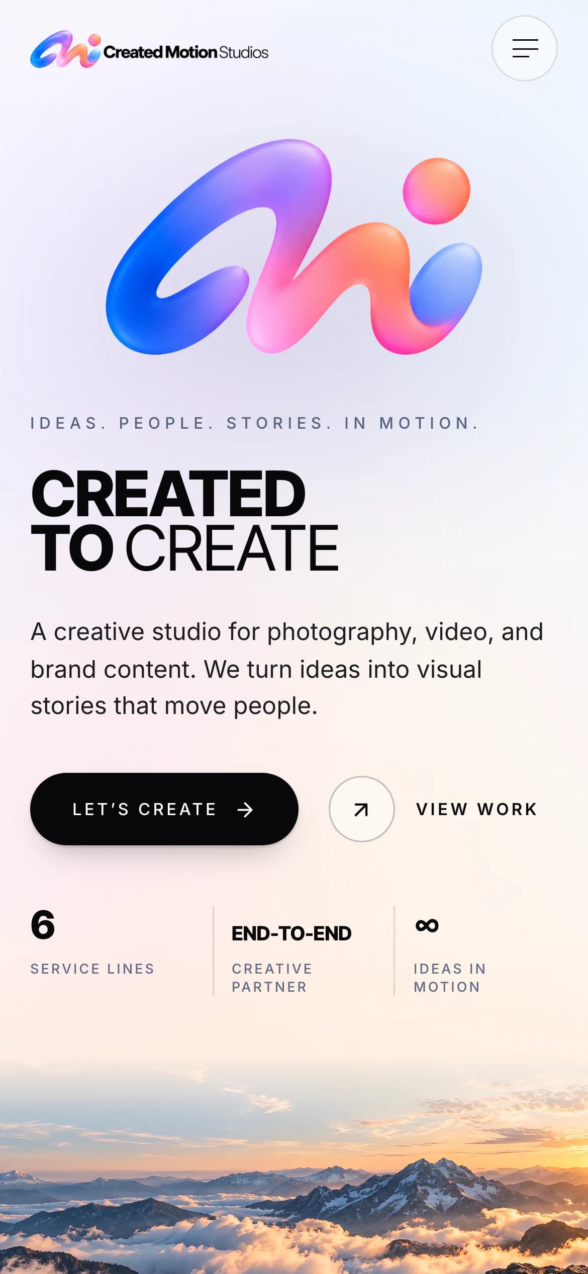 The Created Motion Studios home page on a phone.